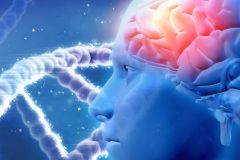 3D medical background with brain and DNA strands