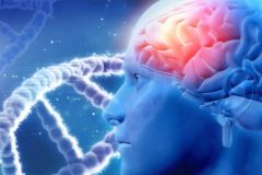 3D medical background with brain and DNA strands